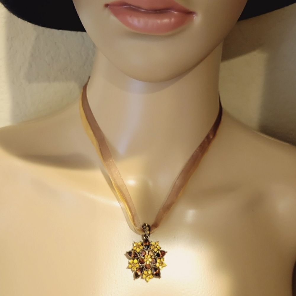 Vintage signed 1928 Crystal Pendant on Ribbon Necklace